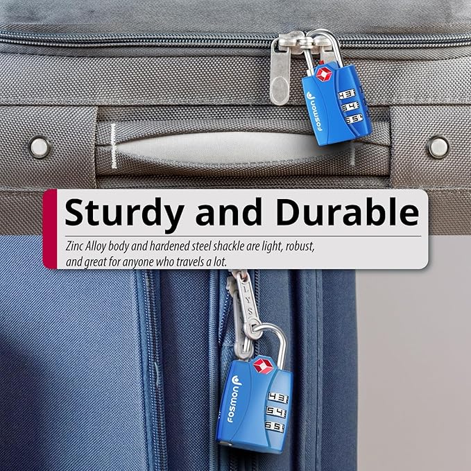Fosmon TSA Approved Locks for Luggage. Suitcase Locks with Open Alert Indicator, 3 Digit Combination Padlock with Alloy Body for Travel, Backpack Zipper Anti Theft, Locker, Gym, Gun Case- Blue 2 Pack