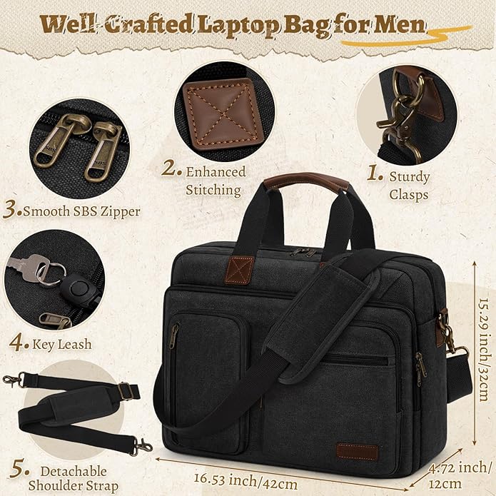 Mens Laptop Messenger Bag Canvas Briefcase Waterproof Vintage Computer Bag Shoulder Bag Satchel Bags for Work College Travel