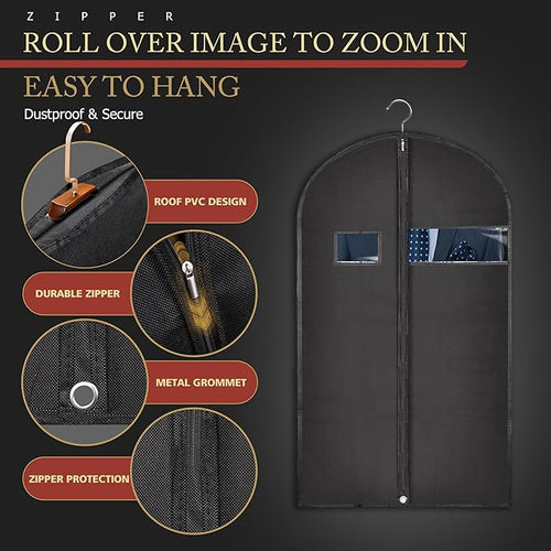 10 Pack 40-inch Garment Bags for Travel, Garment Bags for Hanging Clothes with Zipper and Visible Transparent Window，Black