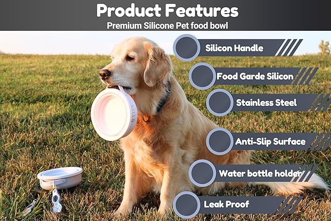 3-in-1 Travel Dog & Cat Bowl – Collapsible BPA-Free Silicone & 18/8 Stainless Steel, Portable & Non-Slip with Handle, Easy to Clean, Food & Water Bowl for On-the-Go Pets, Bottl/Poop Bag Holder