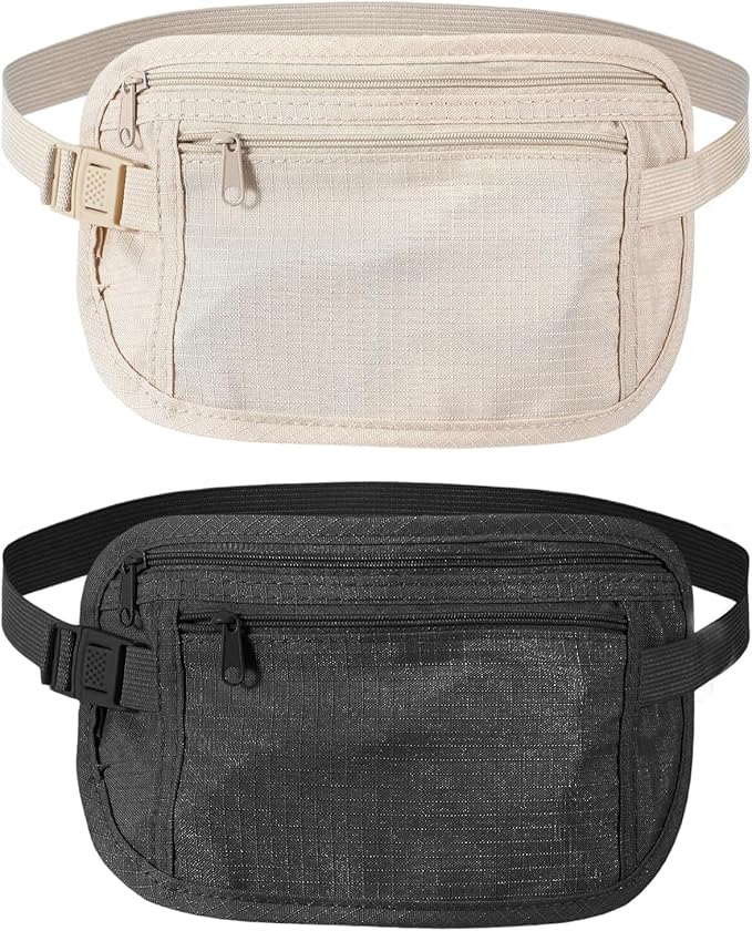2 Pcs Travel Money Belt for Women,Hidden Money Pouch for Travel,Undercover Anti-Theft Travels Moneys Belt Under Clothes for Cash Cards Passport Keys Mobile Phone for Men Women