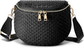 Trendy Woven Checkered Crossbody Bum Bag for Women，PU Leather Checkered Purse Fanny Packs Belt Bag (Woven Bum Bag - Pure Black)