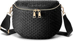 Trendy Woven Checkered Crossbody Bum Bag for Women，PU Leather Checkered Purse Fanny Packs Belt Bag (Woven Bum Bag - Pure Black)