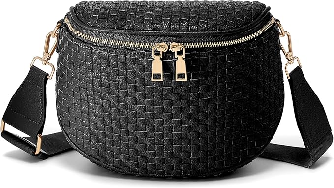Trendy Woven Checkered Crossbody Bum Bag for Women，PU Leather Checkered Purse Fanny Packs Belt Bag (Woven Bum Bag - Pure Black)