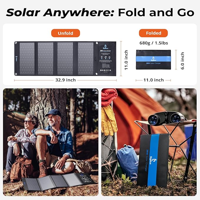 BigBlue 28W Solar Panel Charger with Dual USB-C and USB-A, Portable Solar Phone Charger for Camping, Hiking, Backpacking, Emergency Solar Charger for iPhone, iPad, Samsung Galaxy, Power Bank, GPS etc