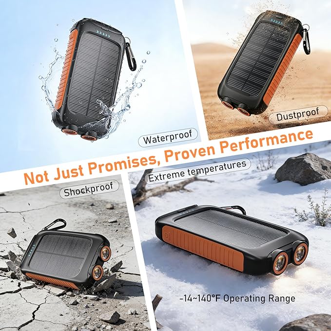 Solar Phone Charger 20000mAh Portable Power Bank with 15W USB-A and USB-C Orange Battery Pack Compatible with iPhone, iPad, Samsung, Built-in 2 LED Emergency Flashlights Perfect for Camping, Travel