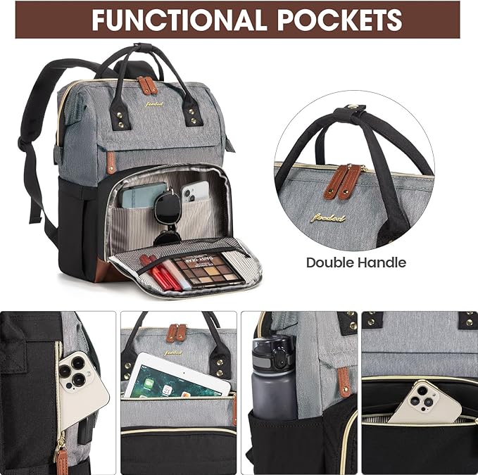 Focdod Women Laptop Backpack Work Bag: 17 inch Travel Computer Backpacks for Nurse Teacher Waterproof College Bookbag with USB Charger Anti-theft Casual Business Backpack Purse Black Grey Brown