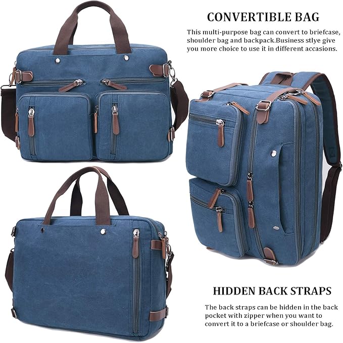 CROCOD 3 In 1 Canvas Convertible Laptop Bag for Men Women, 17.3 inch Laptop Messenger Bag Work Briefcase, Computer Shoulder Bag for Travel Business Office (17.3 Inch, Blue) | 3 In 1, Multi-pocket