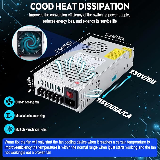 VAYALT 24V 25A 600W DC Switching Power Supply, Universal Regulated Switching AC 110V/220V to DC 24V Transformer, 24V Power Supply for Industrial, CCTV,Computer Project, LED Strip Light (No power Cord)