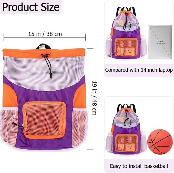 Swim Bag for Kids Mesh Beach Backpack for Boys Lightweight Drawstring Beach Bag Swimming Pool Sports Gym String Bag (Purple-Orange)