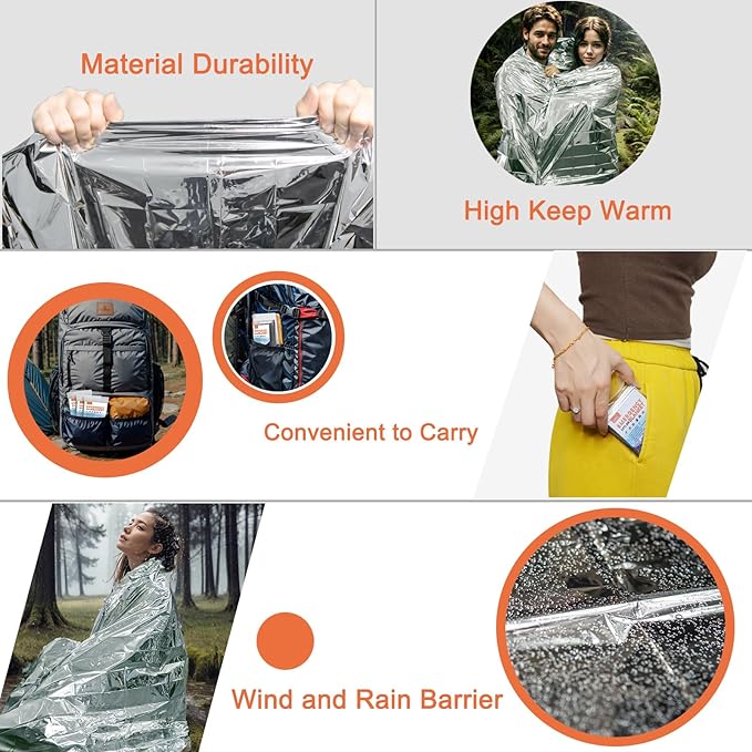 6 Pack - Large 82” x 62” Survival Emergency Mylar Thermal Blankets, Thermal Survival Blanket Perfect for Camping, Hiking, Body Insulation, Outdoors, Car Survival Kit, Bug Out Bag
