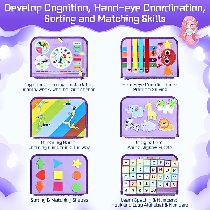 Esjay Toddler Busy Board Montessori Toys for Girls, Sensory Book Educational Activities Learning Fine Motor Skills, Birthday Gifts for Girls Toddlers, Travel Toys for Airplane Car, Purple Merpeople