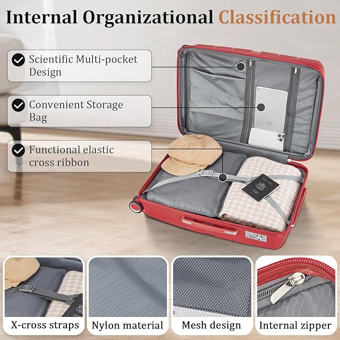 4 Piece Luggage Set, Hardside Expandable Lightweight Suitcase with 360° Mute Spinner Wheels Luggage Sets, TSA Lock, 14/20/24/28 Inch Travel Luggage for Men, Women and Girls (Wine Red 2)