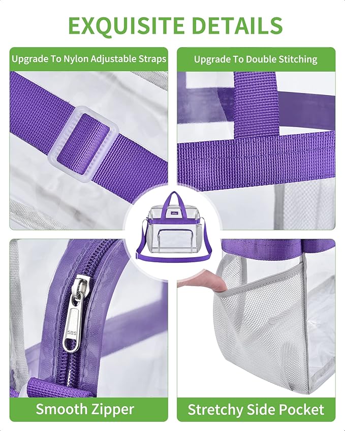 MAY TREE Clear Bag for Stadium Events 12×6×12 Clear Tote Lunch Bag with Reinforced Straps for Work, Sporting Events and Gym, Purple
