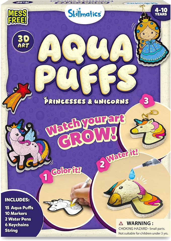Skillmatics Aqua Puffs - 3D Art Kit, Princesses & Unicorns, Mess-Free Paint by Number Craft for Kids, DIY Color Activity, Screen-Free Fun, Best Gift for Girls & Boys Age 4, 5, 6, 7, 8, 9, 10