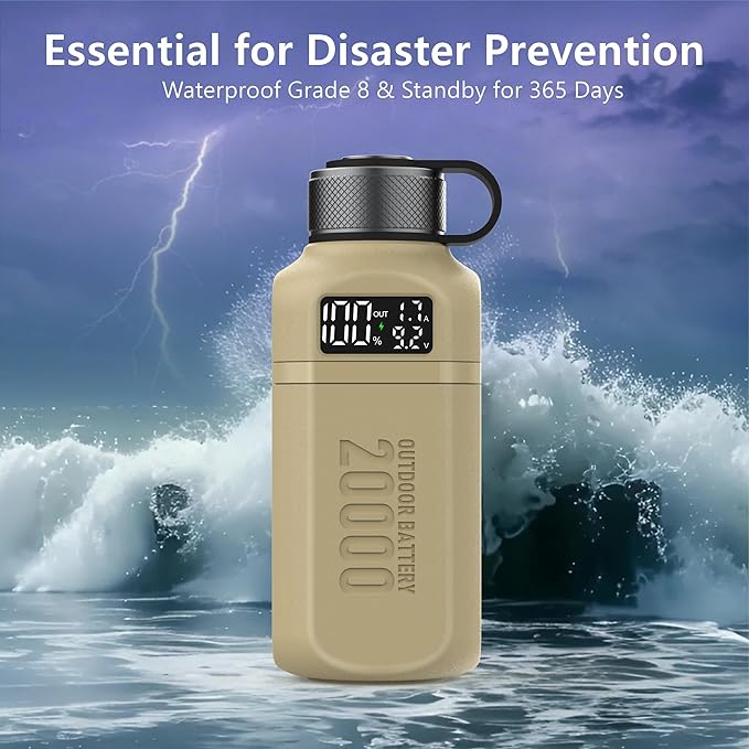 20,000mAh Rugged Power Bank with Fast Charge USB-C PD, IP68 Waterproof Shockproof, Includes 420lm Bright Camping Lantern, Tactical Outdoor Charger for Hiking Camping Survival Emergency