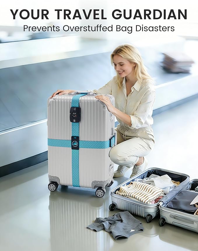 Travelkin Luggage Straps for suitcases TSA Approved,Adjustable Luggage Belts with Lock Fit 18-32 inch Suitcases(Lock Grain-Blue-TSA)