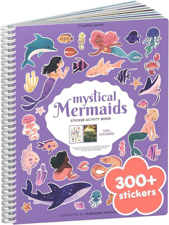 Mystical Mermaids 300+ Kids Sticker Book by Cupkin Toddler Travel Activity Coloring and Sticker Book, Road Trip Essentials, 8 Coloring Pages 8 Side by Side Scenes for Ages 2–8 Years