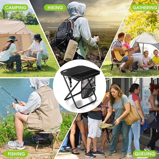 CAMDOOR Portable Collapsible Stool, 16″Folding Stool with 3 Side Pockets and Shoulder Strap, Extra Large Camping Chair Supports 400 lbs, Ultralight Portable Seat for Outdoor, Hiking, Fishing (Black)