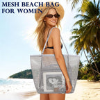 Fammart Mesh Beach Bag, Large Beach Tote with Zipper Pocket, Toys Pool Bag for Family Travel Vacation Cruise Essentials