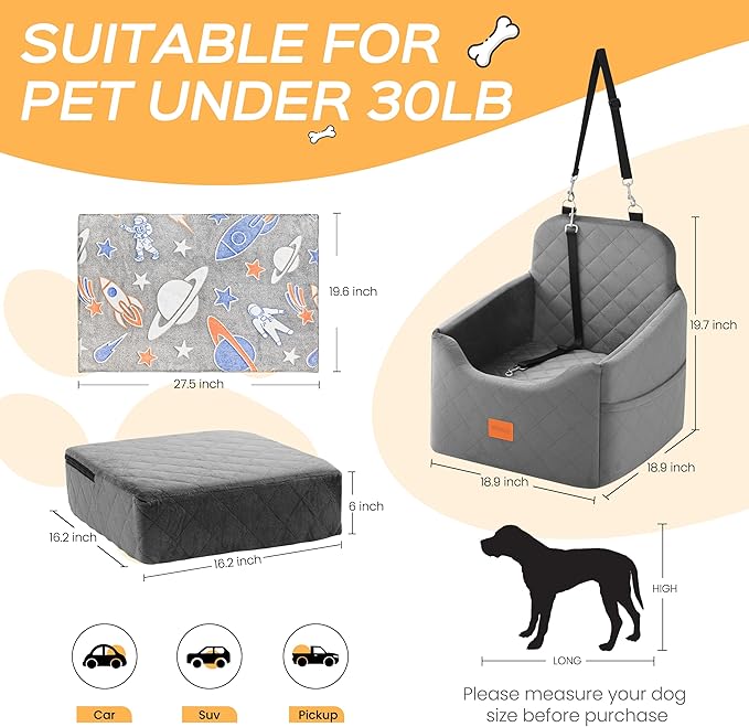 HiPetpy Dog Car Seat 6" Elevated Memory Foam Booster Seat for Small Medium Dogs Under 35 lbs with Pet Blanket, Washable Pet Car Seat with Safety Leash, Anti-Slip Base and Storage Pockets