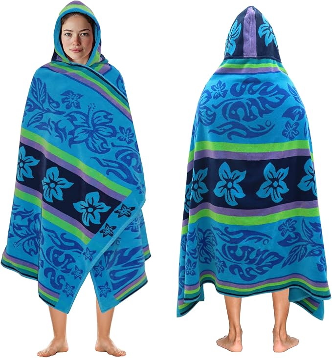 COTTON CRAFT Hooded Beach Towel for Adults – Oversized 39x68 Towel with Hood - 100% Cotton Velour Terry Jacquard Pool Bath Wrap - 450 GSM Soft Absorbent Quick Dry – Tropical Hibiscus Aqua Blue Purple