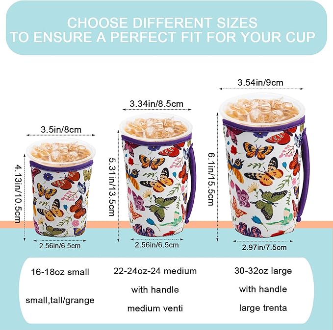 KJQJLY 3 Pack Reusable Iced Coffee Sleeves for Iced Coffee Cups or Drinks Reusable Neoprene Insulated Sleeves for Hot and Cold Drinks from Starbucks, Dunkin, And More (White butterfly)