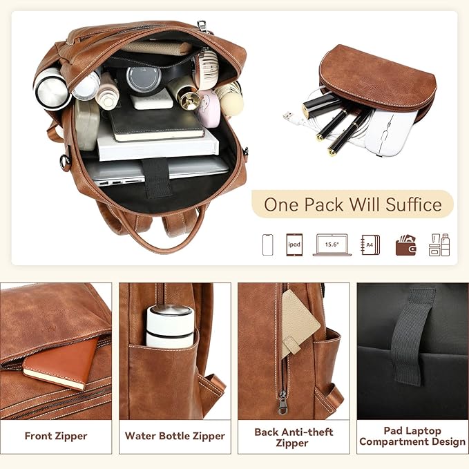 AGLOD Vegan Leather Laptop Backpack for Women 15.6 Inch Work Backpack Purse for Travel College