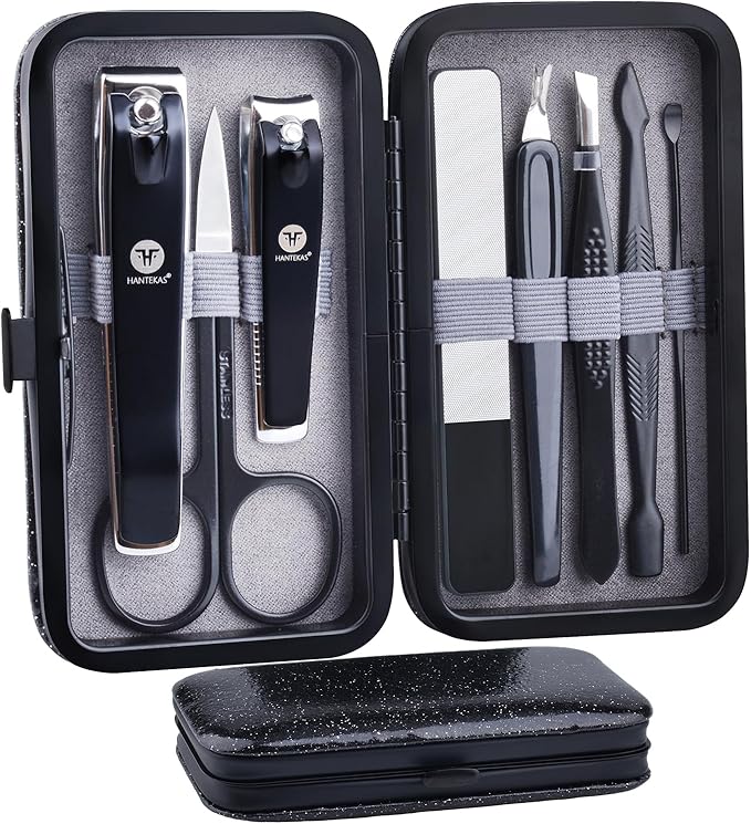 HANTEKAS Manicure Pedicure Set 8pcs Stainless Steel Nail Clippers Kit Fingernail Toenail Clippers Cutters with Leather Case for Home Workplace Outdoor Travel Salon Gift for Men Women Family Friends