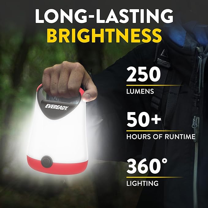 Eveready LED Camping Lantern X-250, Bright Tent Lights, Rugged Water Resistant LED Lanterns, 100 Hour Run-time, Red and Black