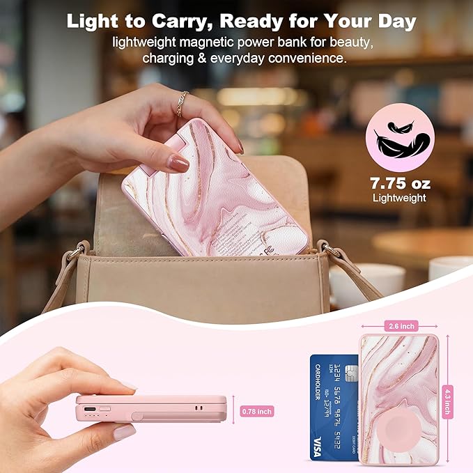 5-in-1 Magnetic Power Bank, 5000mAh Portable Wireless Charger with Mirror, Stand, Bluetooth Remote & Card Holder, MagSafe Compatible Travel Essential for iPhone & Samsung, USB-C Cable Included