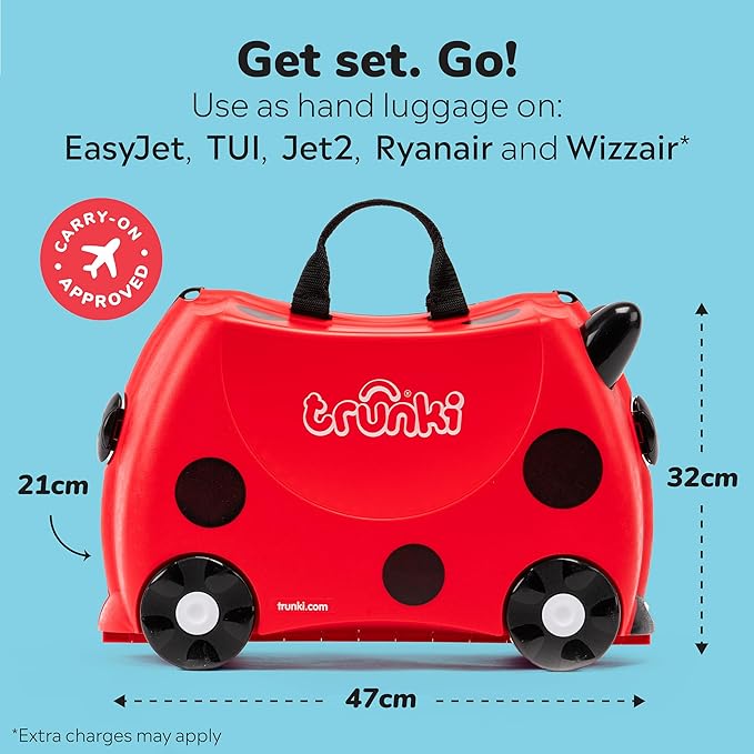 Trunki Ride-On Kids Suitcase | Tow-Along Toddler Luggage | Carry-On Cute Bag with Wheels | Kids Luggage and Airplane Travel Essentials: Harley Ladybug Red