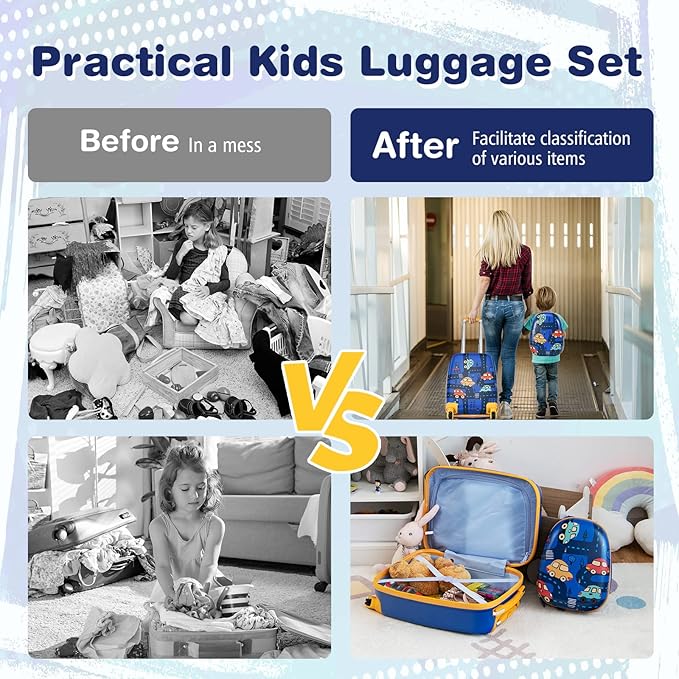 BABY JOY 2 PC Kids Carry On Luggage Set, 12” Backpack & 18” Toddler Suitcase, Hard Shell Travelling Case & Backpack w/ 4 Rotating Casters, Cute Rolling Trolley Case for Boys & Girls (Car)