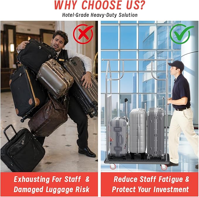 Hotel Luggage Cart with Top Frame, Bellman's Cart with Red Rubber Wheels, Rectangular Refined Stainless Steel Commercial Grade Hotel Luggage Trolley with Black Carpeted Deck for Hotels
