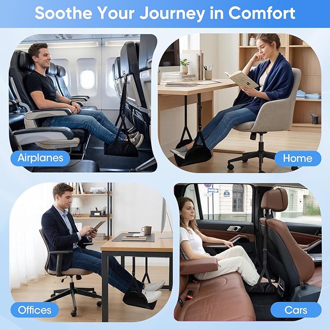 Airplane Foot Hammock, 2-Pack Travel Essentials Foot Rest for Plane Travel with Adjustment Strap, Long Flight Must Haves