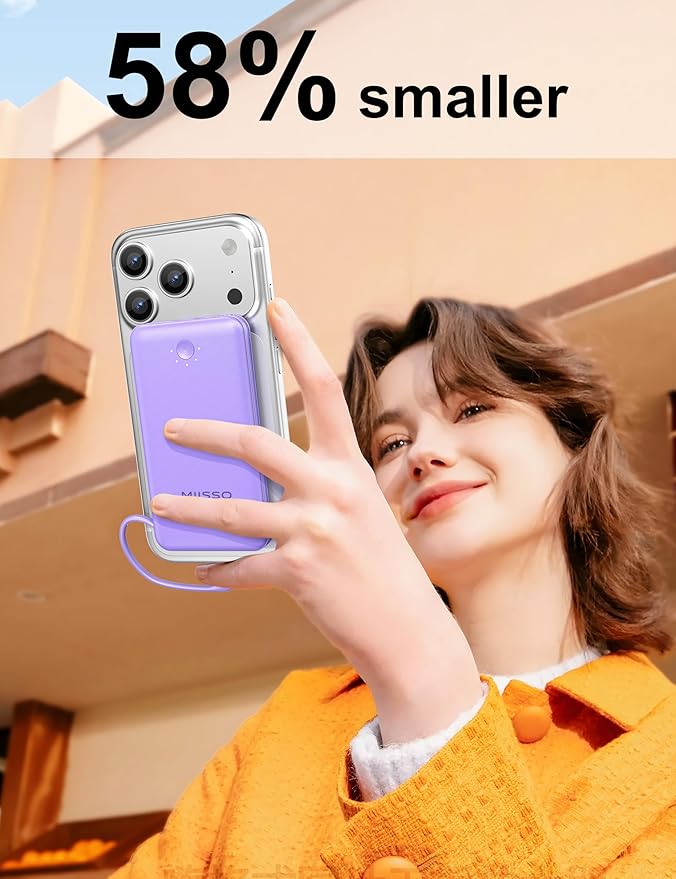 miisso Ultra Slim 10000mAh Power Bank Built-in Cables and Foldable AC Wall Plug, Pocket Size USB C Portable Charger, External Battery Pack Compatible with iPhone Samsung, Purple