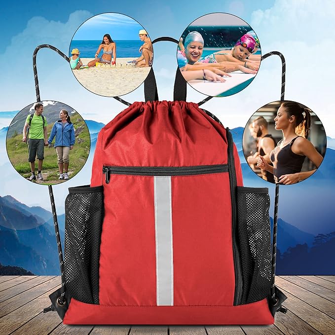 BeeGreen Red Drawstring Backpack Gymsack Bag with Shoe Compartment and Two Side Mesh Pockets Lightweight Durable Sports Cinch Sackpack 1 Pack for Women Men Workout Swim
