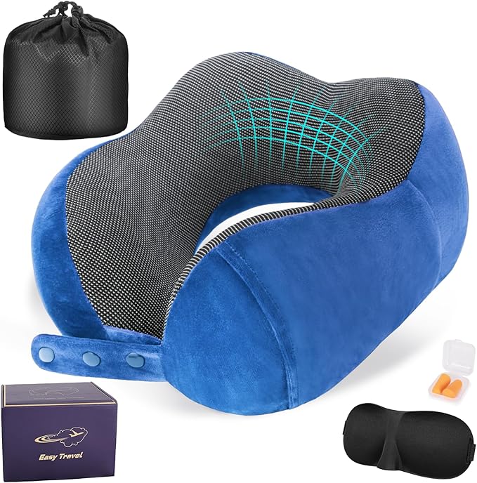 Cirorld Neck Pillow for Traveling, Travel Pillows for Airplanes,100% Pure Memory Foam Travel Neck Pillow, Adjustable Flight Pillow, Portable Plane Accessories with Eye Mask, Earplugs, Carry Bag