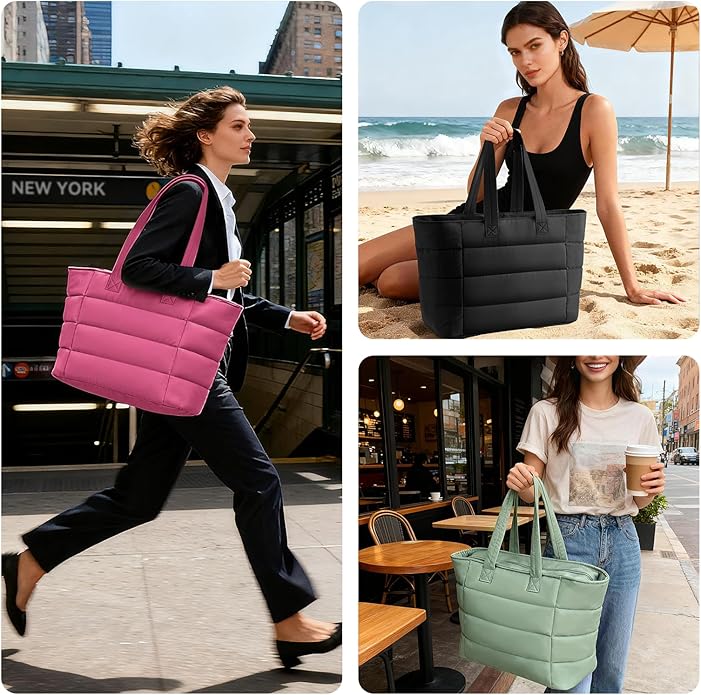 Puffer Tote Bag with Pouch,Women's Lightweight Quilted Shoulder Bag,15.6"/17.3" Laptop Travel Weekender for Work & Nurses