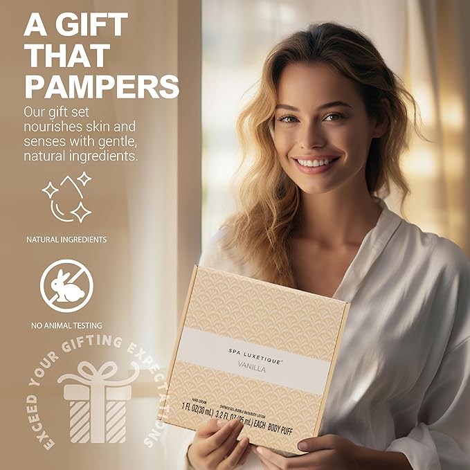 Spa Luxetique Spa Gifts for Women 6pc Vanilla Bath Sets Women Gift With Body Lotion, Shower Gel, Bubble Bath, Hand Cream, Bath and Body Gifts Set, Mothers Day Gifts