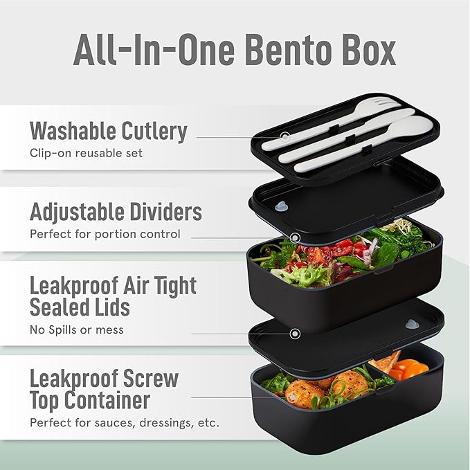 KARRICO Double Premium Bento Box Adult, 67 fl oz BPA-Free - Black Stackable Lunch Box with Leak-Proof Lids & Dividers, Perfect for Meal Prep, Lunches & Portion Control