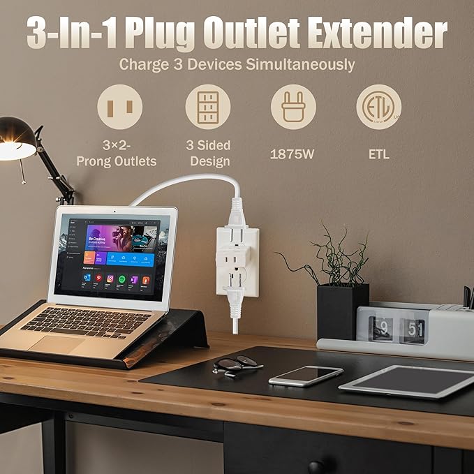 2-Prong to 2-Prong 3-Side Outlet Plug Splitter Converter - 5 Pack, Non-Ground Outlet for Old Home, Hotel, White