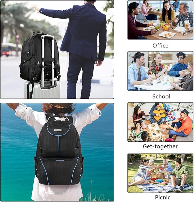 VECKUSON Lunch Bag Backpack, Insulated Cooler Lunch Box Backpack, Extra Large Travel Laptop Backpack TSA Friendly RFID Computer College bag for Women Men,Blue