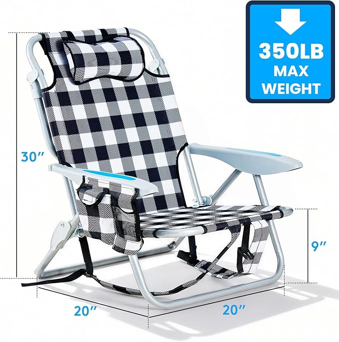 2 Pack Lightweight Portable Camping Beach Chair for Adults, Outdoor Lay Flat Folding Beach Chairs with 5 Positions, Backpack Beach Chair with Towel Bar, Zipper Pouch, Cup Holder, Plaid
