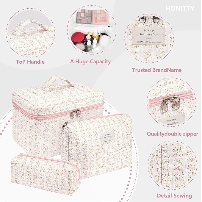 honitty Makeup Bag,Quilted Cosmetic Bags,Large Floral Make Up Organize bag,Makeup Bag Set for Women,Flower Travel Toiletry Bag