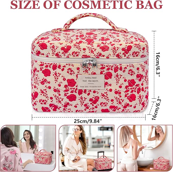Gosect Large Makeup Bag, Cute Cosmetic Bag for Women Girls, Floral Coquette Aesthetic Toiletry Bag, Travel Make Up Organizer Bag (Pink Rose)