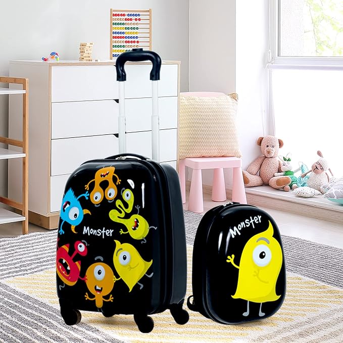 BABY JOY 2 PC Kids Luggage, 16" Toddlers Carry-on Suitcase & 12” Backpack Set, Children Travelling Case w/ 4 Casters & Retractable Handle, Lightweight Trolley Case for Boys & Girls (Monster)