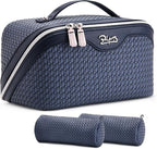 BOYATU Travel Makeup Bags for Women: Large Capacity Make up Bag with Wide Opening - 3 Pcs Set Waterproof Travel Toiletry Organizer for Full-Sized Bottles, Cosmetics & Brushes (Blue-W)