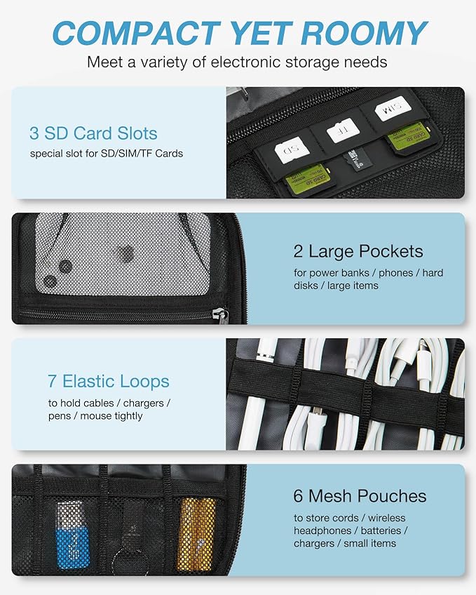 BAGSMART Large Electronics Travel Organizer Case, Tech Accessories Cord Storage Bag for Phone, Power Bank, SD Card, Cables, Black