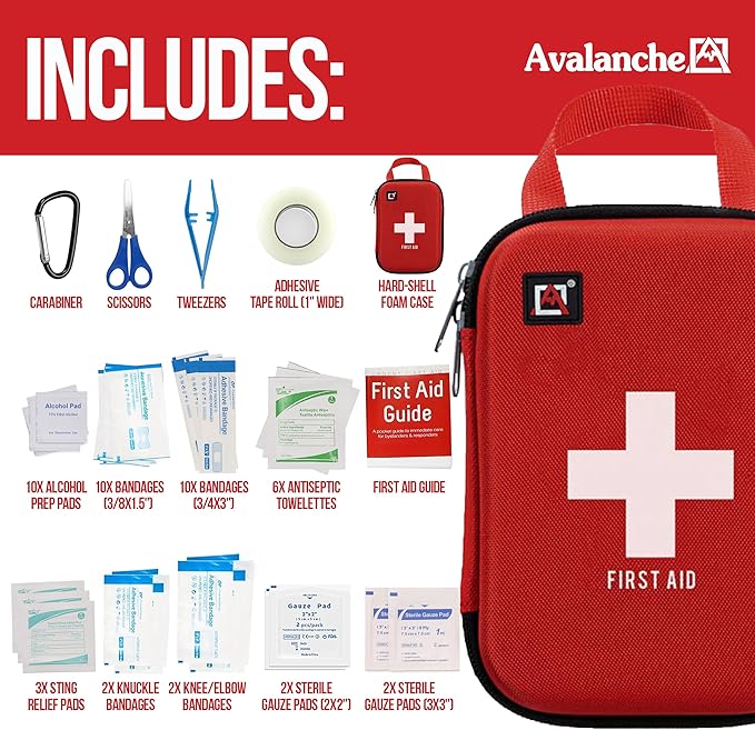 Avalanche 53 Pieces First Aid Kit, Compact Emergency Supplies Kit for Home, School, Car, Travel, Sports or Camping in Hard Shell Foam Case, Portable Mini First Aid Kit, Red